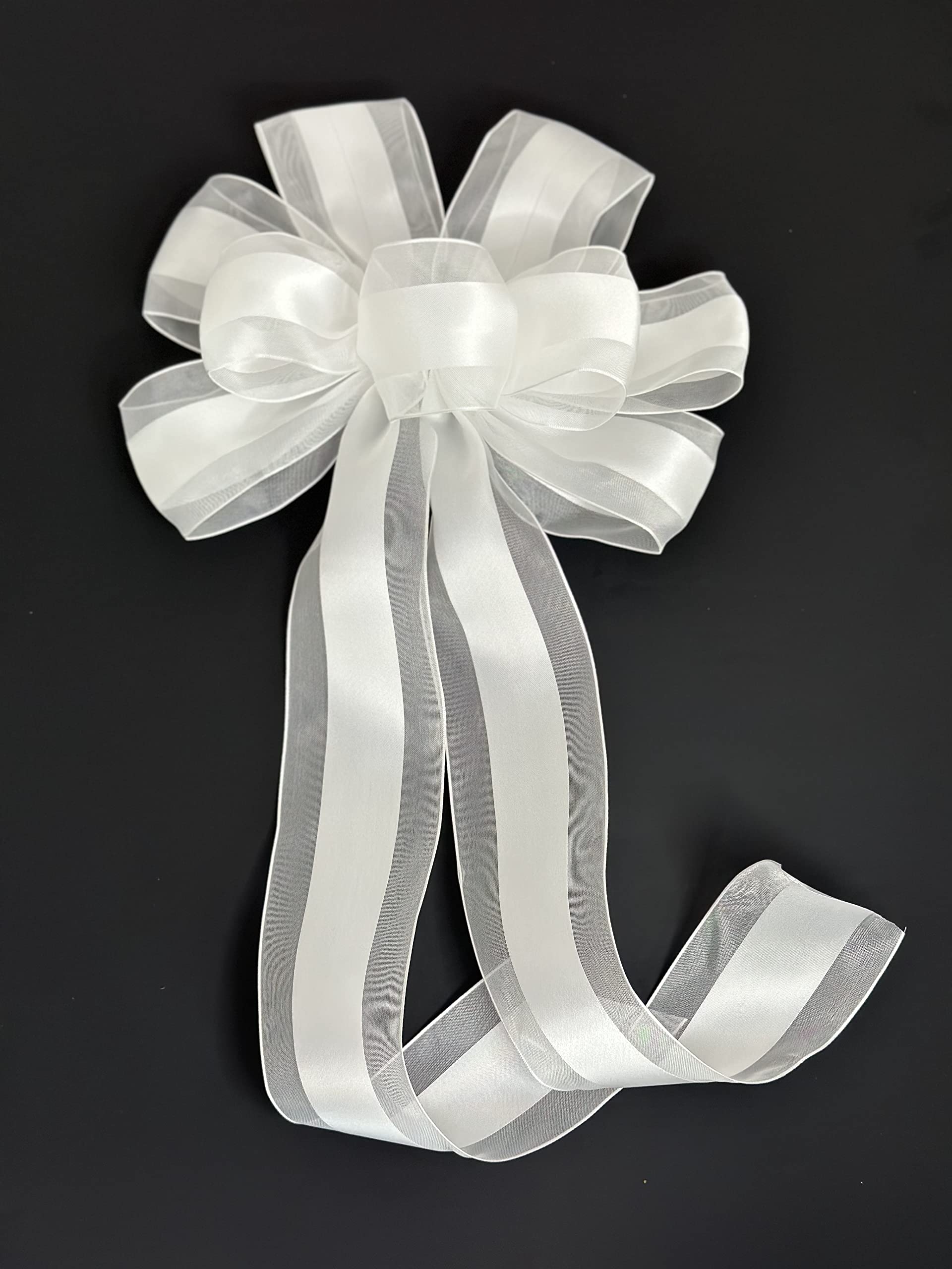 Large 10'' White Wedding Pew Bows - Wired Satin Organza Ribbon, 18'' Long With Tails, Set Of 6, Aisle Decorations, Reception, Br